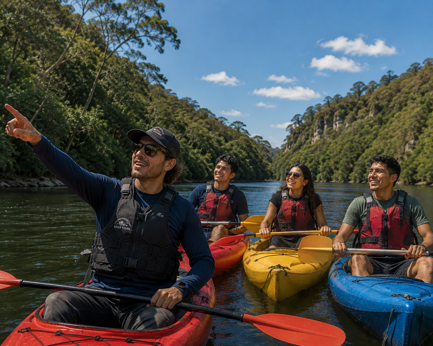 Tour Guide in a kayak point out something for guests to see