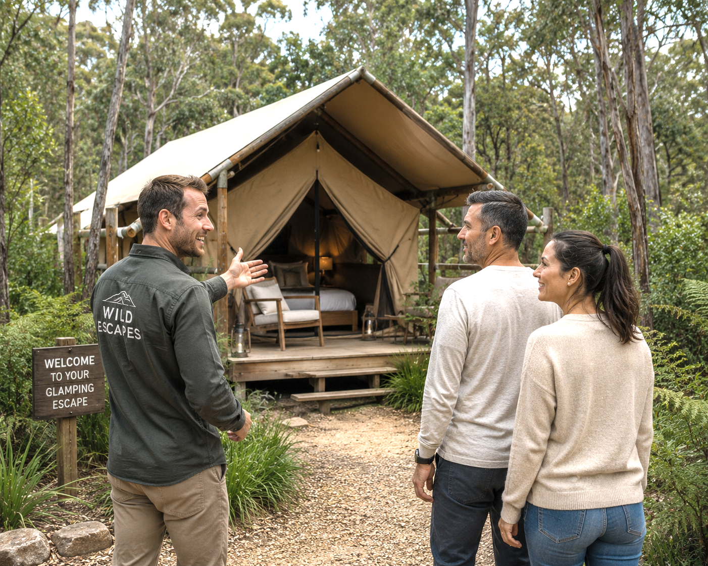 A guide is explaining camping to a man and a woman outside a tent in a wooded area, with a sign reading 'Welcome to your glamping escape'.