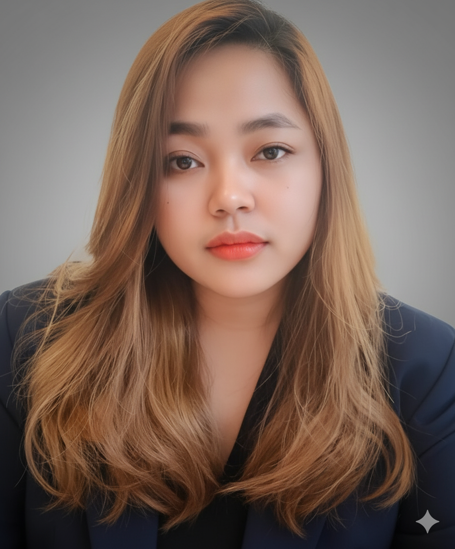 Portrait of a young woman with long, wavy, light brown hair, wearing a dark blazer and natural makeup, against a plain gray background.