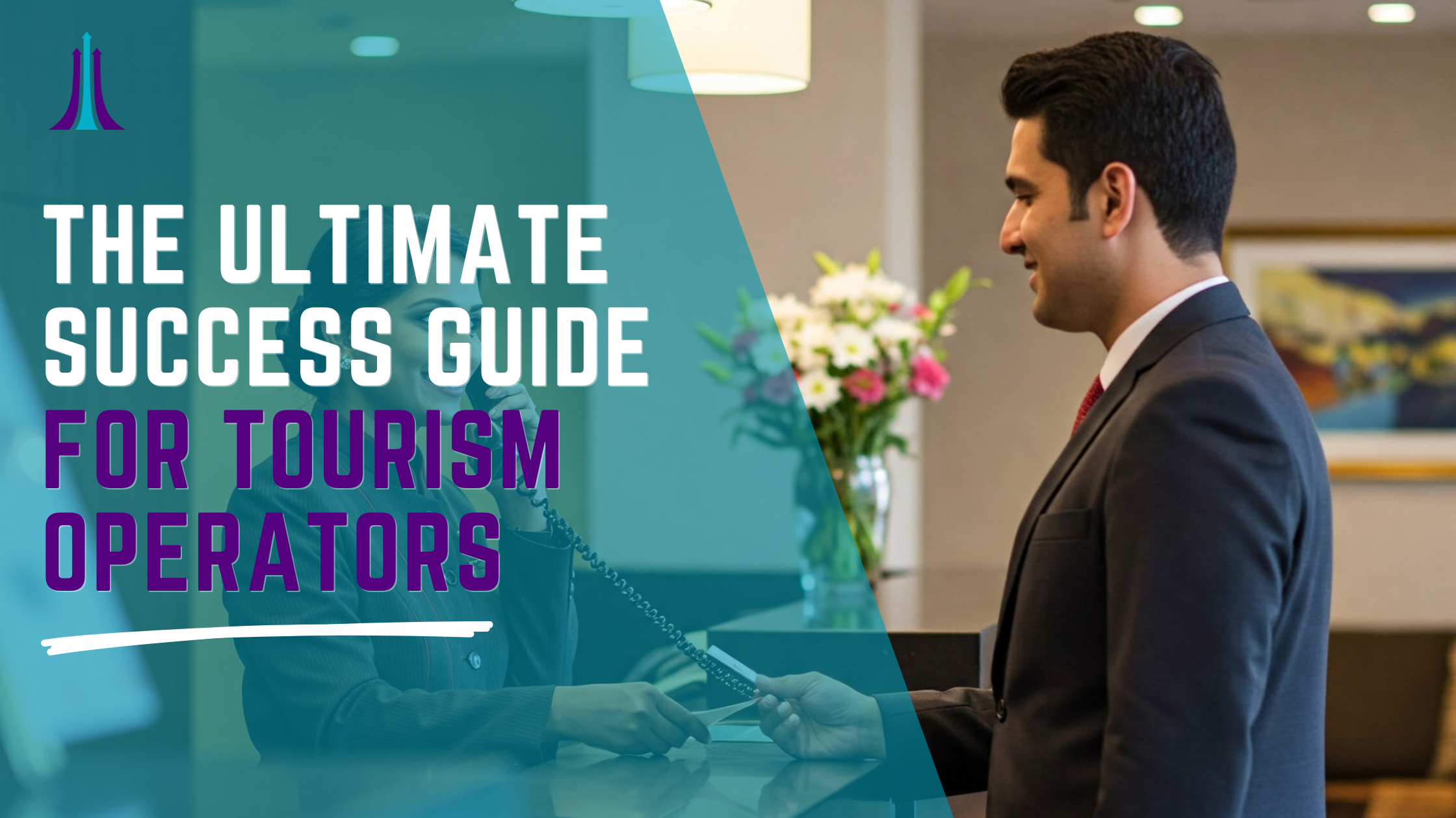 A man in a business suit smiling as he checks in at a hotel reception desk with a receptionist handing him a key card. There is a vase with flowers on the counter and modern artwork on the wall.