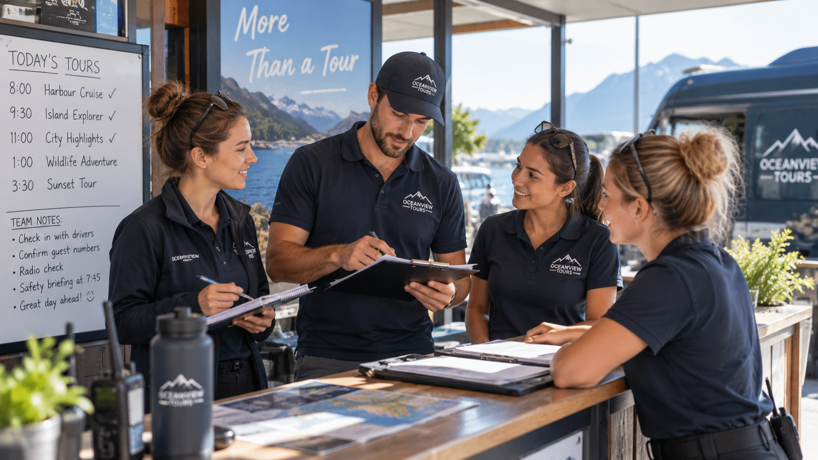 A tourism operations team running a shift handover