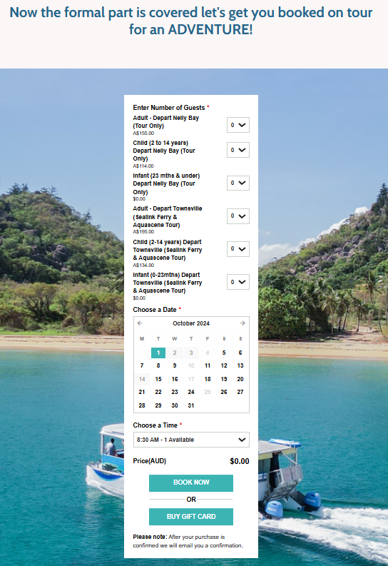 screenshot of booking system
