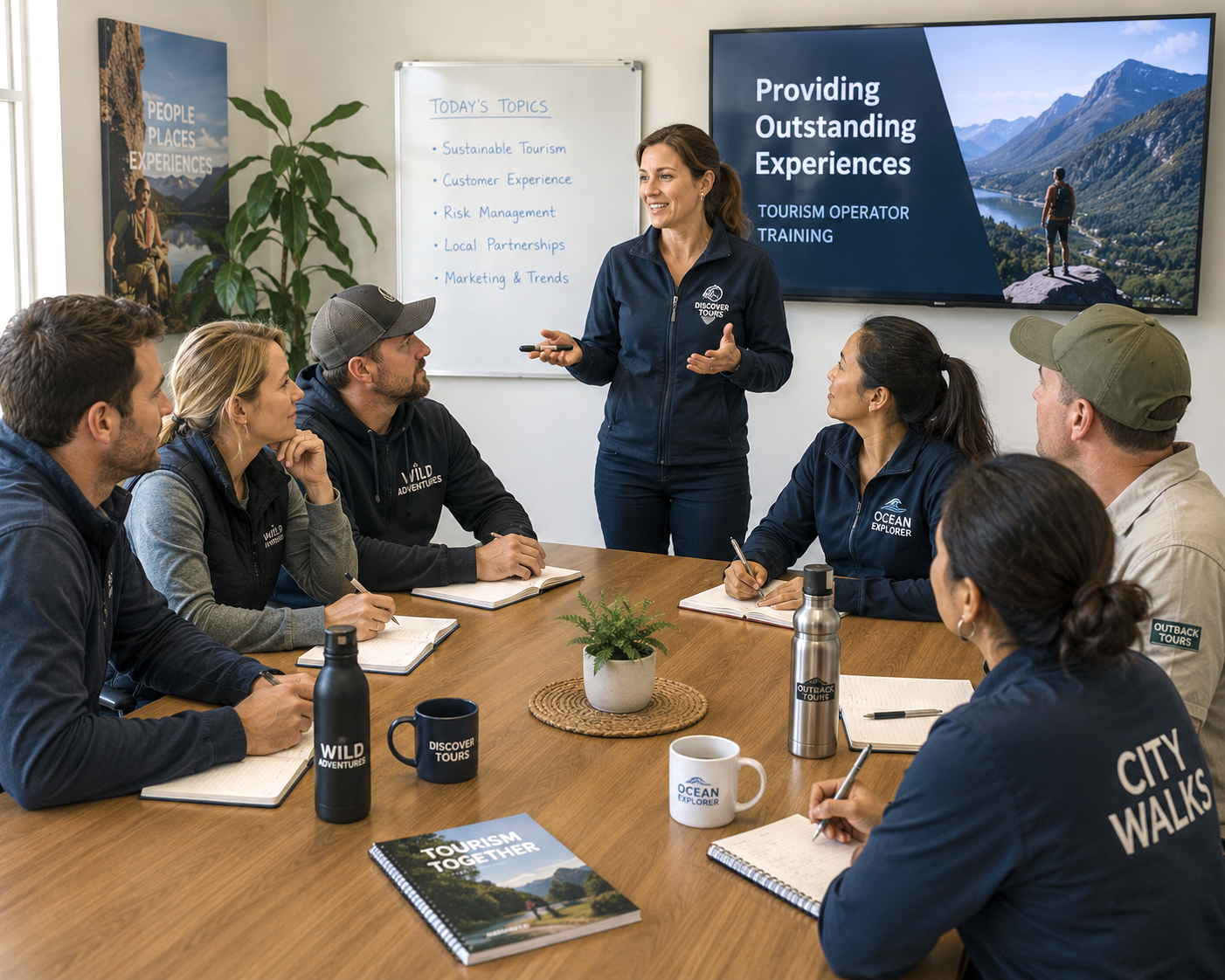 A group of seven people attending a tourism training session at a conference room with a woman instructor. The woman is standing near a whiteboard and a large screen displaying information about providing outstanding experiences. Participants are taking notes, some wearing jackets with tourism logos, and there are coffee cups, water bottles, and brochures on the table.