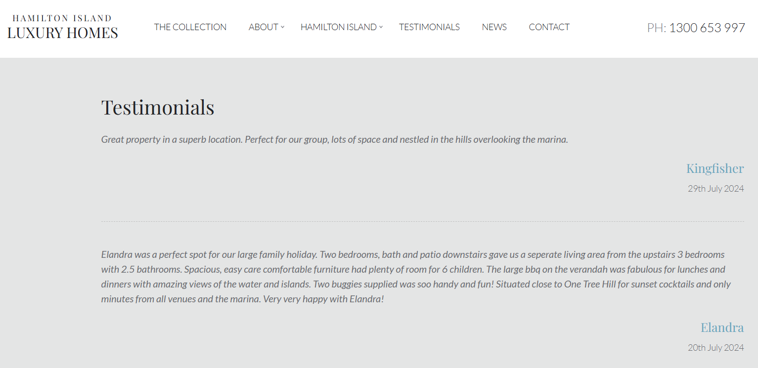 screenshot of hamilton website with testimonials