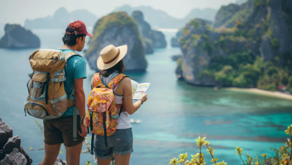 Two hikers with backpacks overlook a scenic bay with rocky islands and turquoise water.