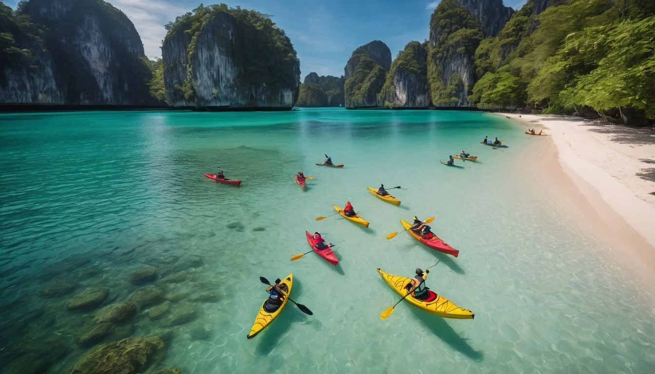 Multiple people kayaking in turquoise waters near a lush, jungle-covered shoreline with large limestone cliffs in the background.
