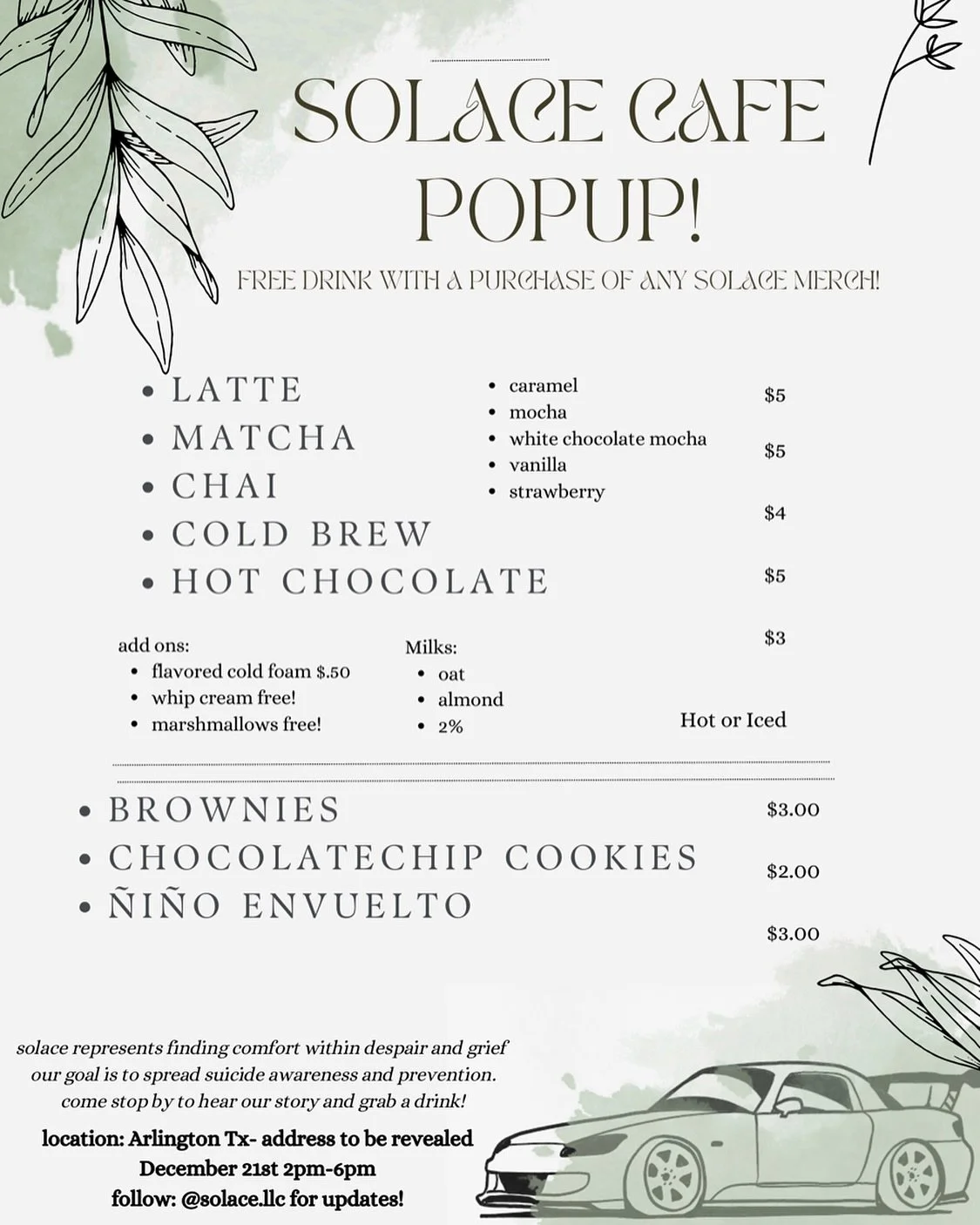 (First Ever) Solace Cafe Pop Up! If you have a chance please come by for cars & a sweet treat❕🤍
December 21st , 2pm-6pm in 2628 Colorado Cir, Arlington, TX 76015
A big thanks to the master minds: @vanna.lee_ ☀️ @coolioaileen
& also to @