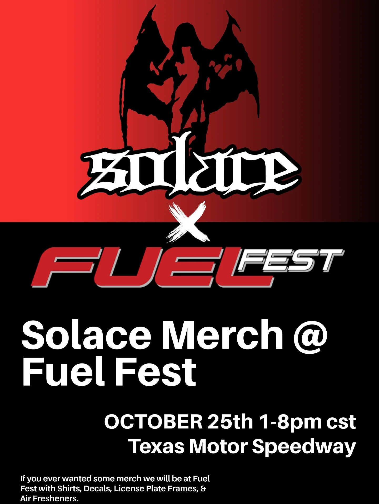 We will have decals &amp; more @fuelfest ❕🏁 October 25th 1-8pm cst
Texas Motor Speedway: 3545 Lone Star Cir, Fort Worth, TX 76177 📍
&spades;️ more details day of &spades;️
🎃 Seek #Solace 🎃 
@solace.llc