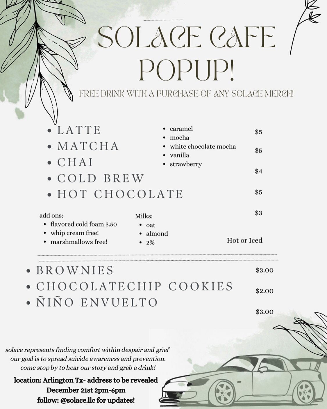 (First Ever) Solace Cafe Pop Up! If you have a chance please come by for cars &amp; a sweet treat❕🤍 

December 21st , 2pm-6pm in 2628 Colorado Cir, Arlington, TX 76015 

A big thanks to the master minds: @vanna.lee_ ☀️ @coolioaileen 
&amp; also to @