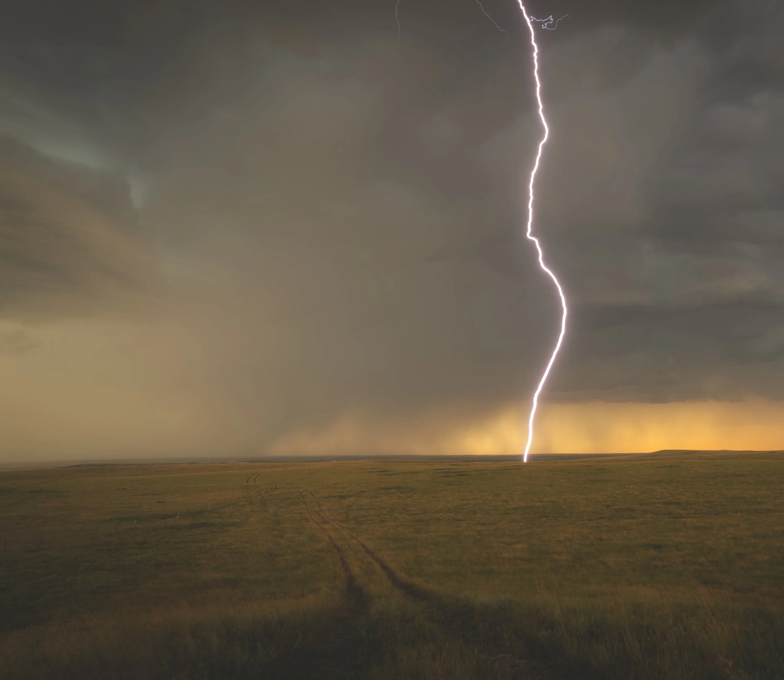 A lightning strike in a stormy sky over an open grassy field during dusk.