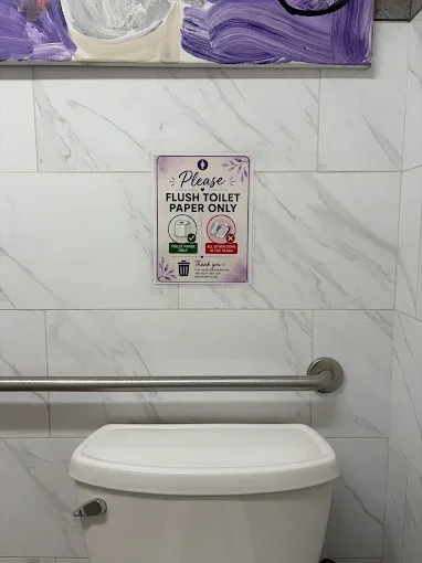 Toilet and tiled wall