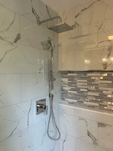Tiled shower and fixtures
