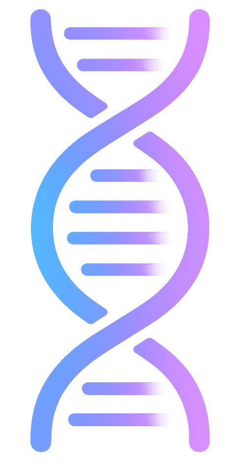 A digital illustration of a DNA double helix with a glowing, gradient color scheme in shades of blue and purple.