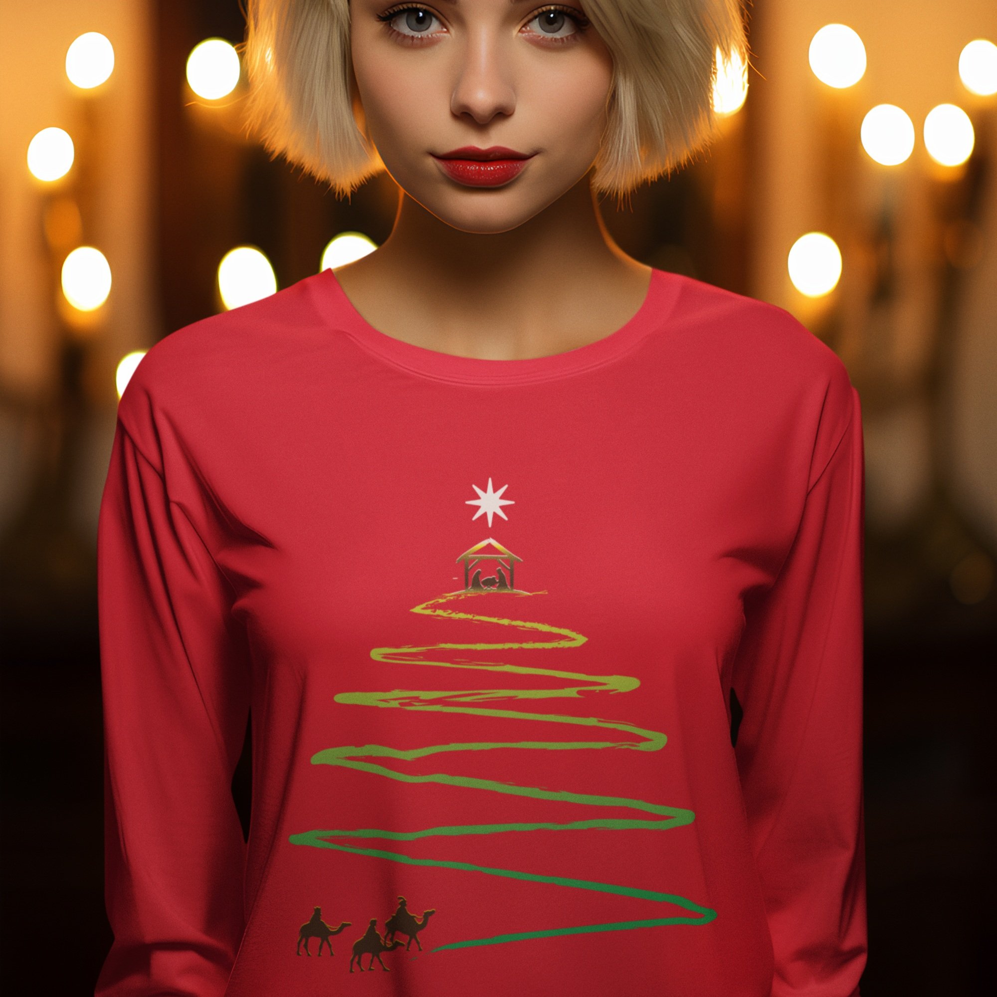 blonde lady in red long sleeve tee wise men at bottom approaching green path that zigzags up shirt forming Christmas tree shape where manger and star await at top