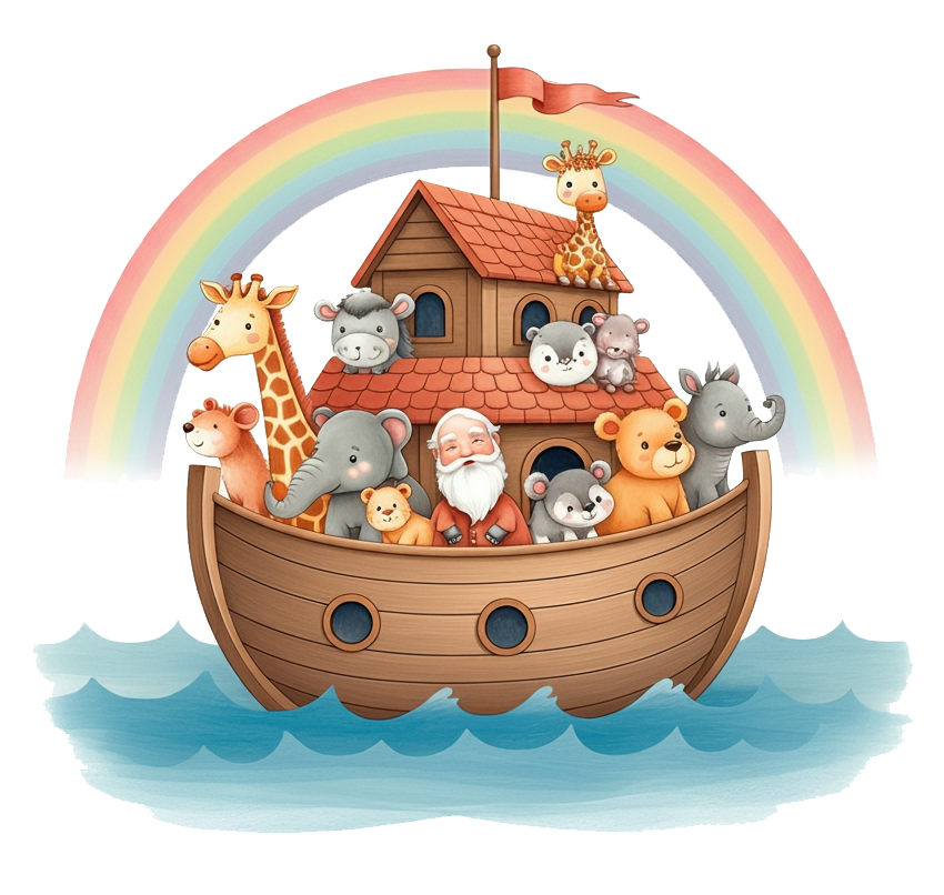 Closeup of illustration on shirt of rainbow and cute Noah's Ark representation with pairs of adorable animals within