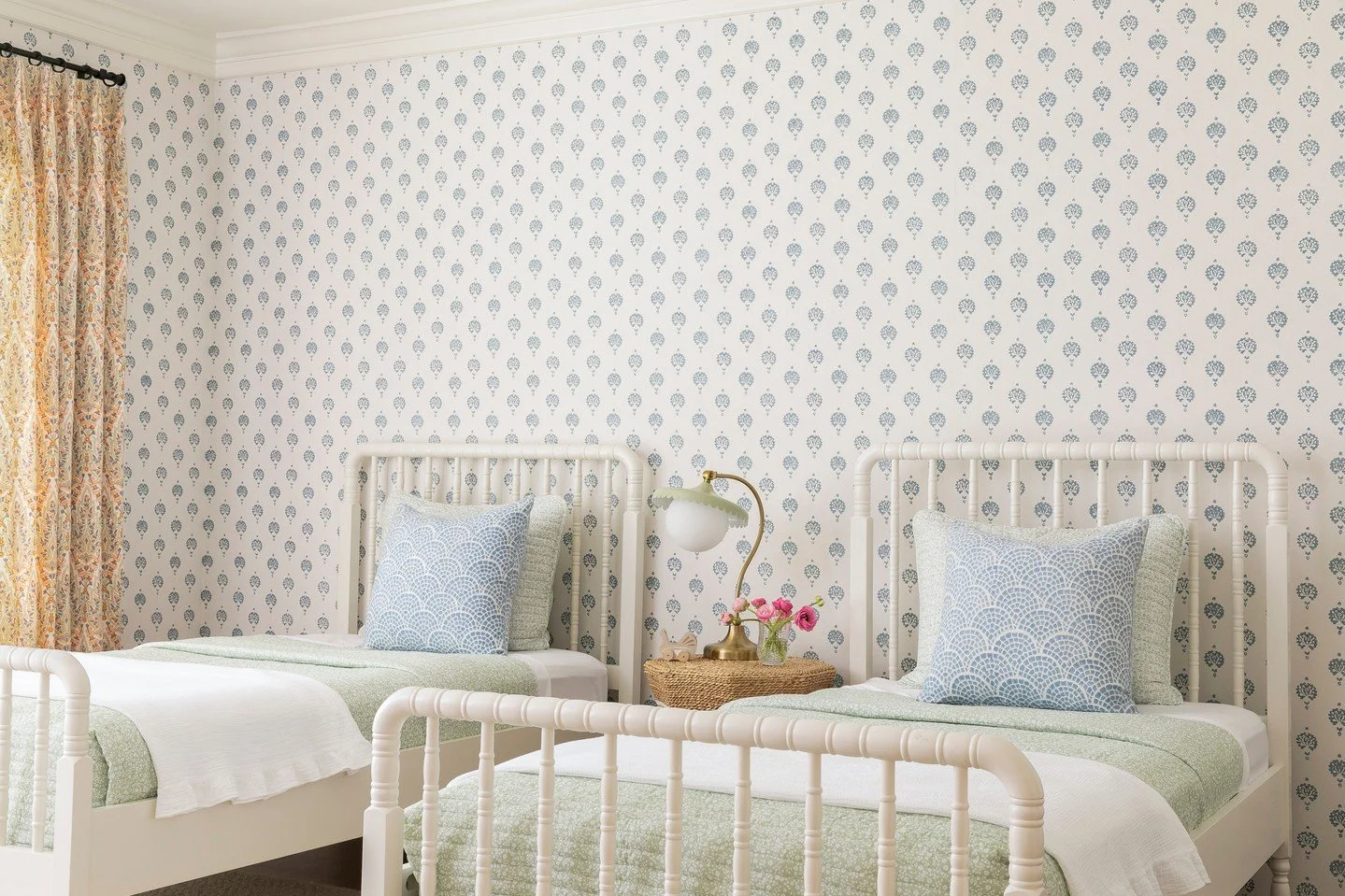 In this sweet bedroom, wallpaper does more than add pattern-it sets the entire mood of the space.  With pattern wrapped throughout the room, the end result is a layered, serene retreat that feels both elevated and timeless as little ones grow.⁠
⁠
⁠
⁠