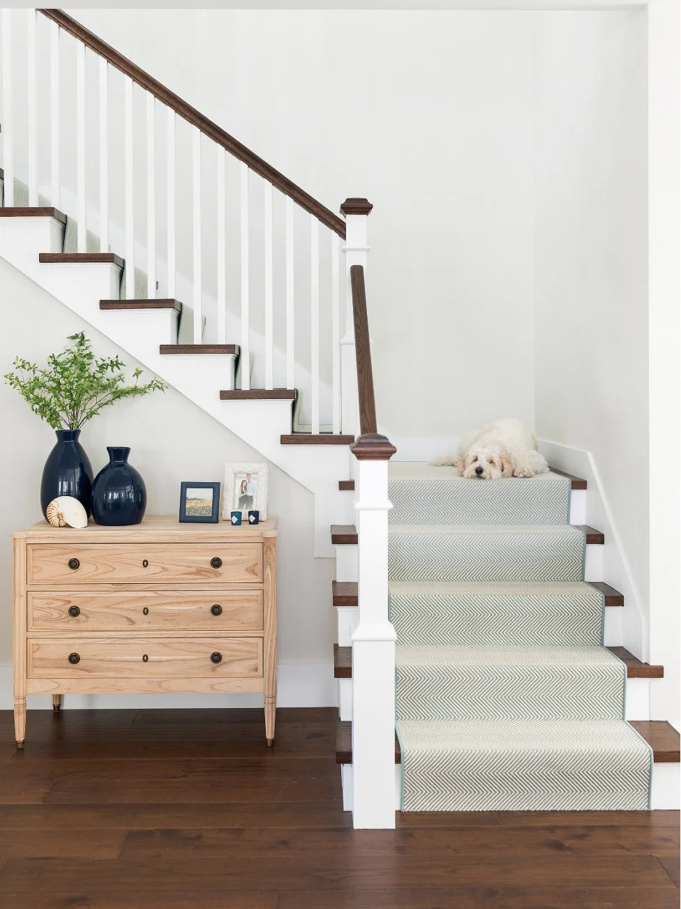 Getting to see our furry clients live their best lives lounging on a sun-drenched stair landing is the ultimate reward. There is nothing better than seeing our California coastal design brings comfort to the whole family. We miss you George!⁠
⁠
Photo