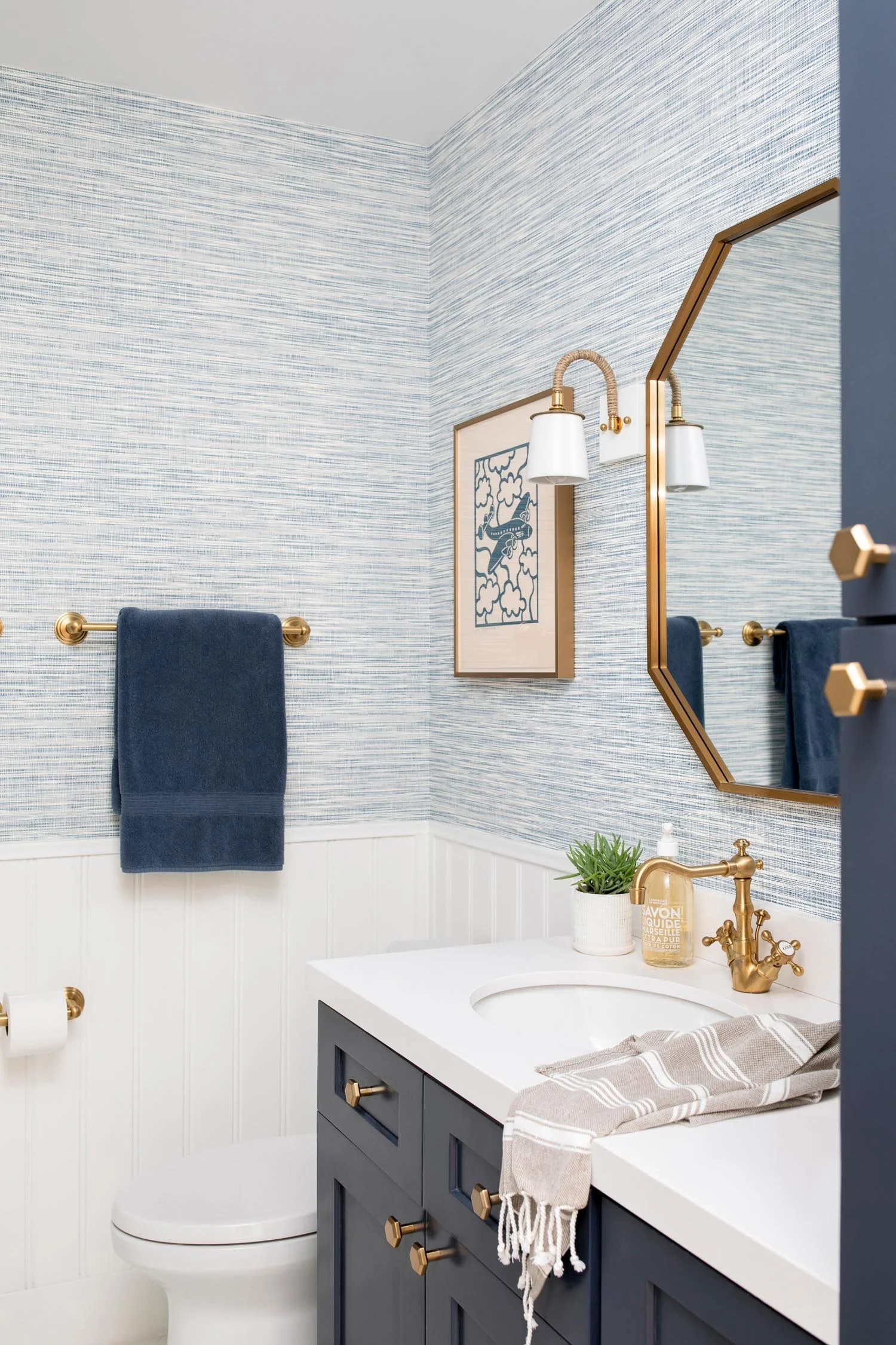 Bathroom interior featuring bronze hardware designed by Manhattan Beach interior designer Jennifer Harkavy