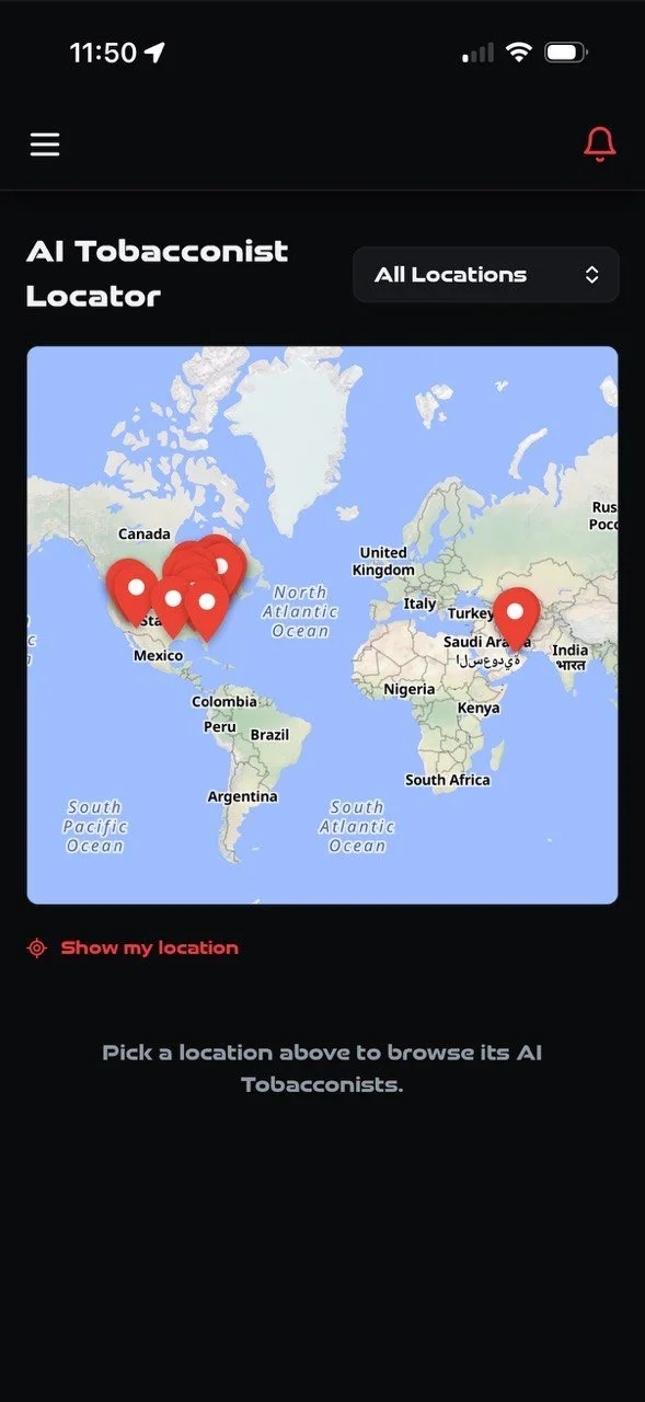 World map showing locations of AI tobacconists in North America and the Middle East, with red location pins.