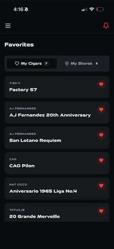 Mobile app screen displaying a list of favorite cigars, including Factory 57, AJ Fernandez 20th Anniversary, San Lotano Requiem, CAO Pylon, Aniversario 1965 Liga No.4, and 20 Grande Merveille, with heart icons next to each.
