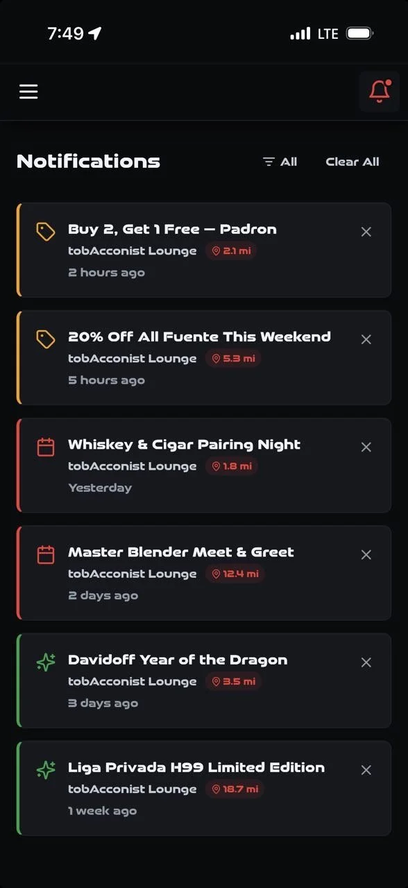 Mobile screen showing notifications list with various alerts from tobaConcistent Lounge, including offers, events, and updates, with different colored icons and distances.