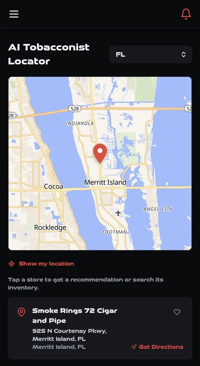 Map of Merritt Island, Florida, showing location of Smoke Rings 72 Cigar and Pipe store.