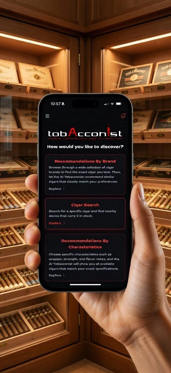 Hand holding a smartphone displaying the TobAccont app in front of a wooden cigar humidor filled with cigars.