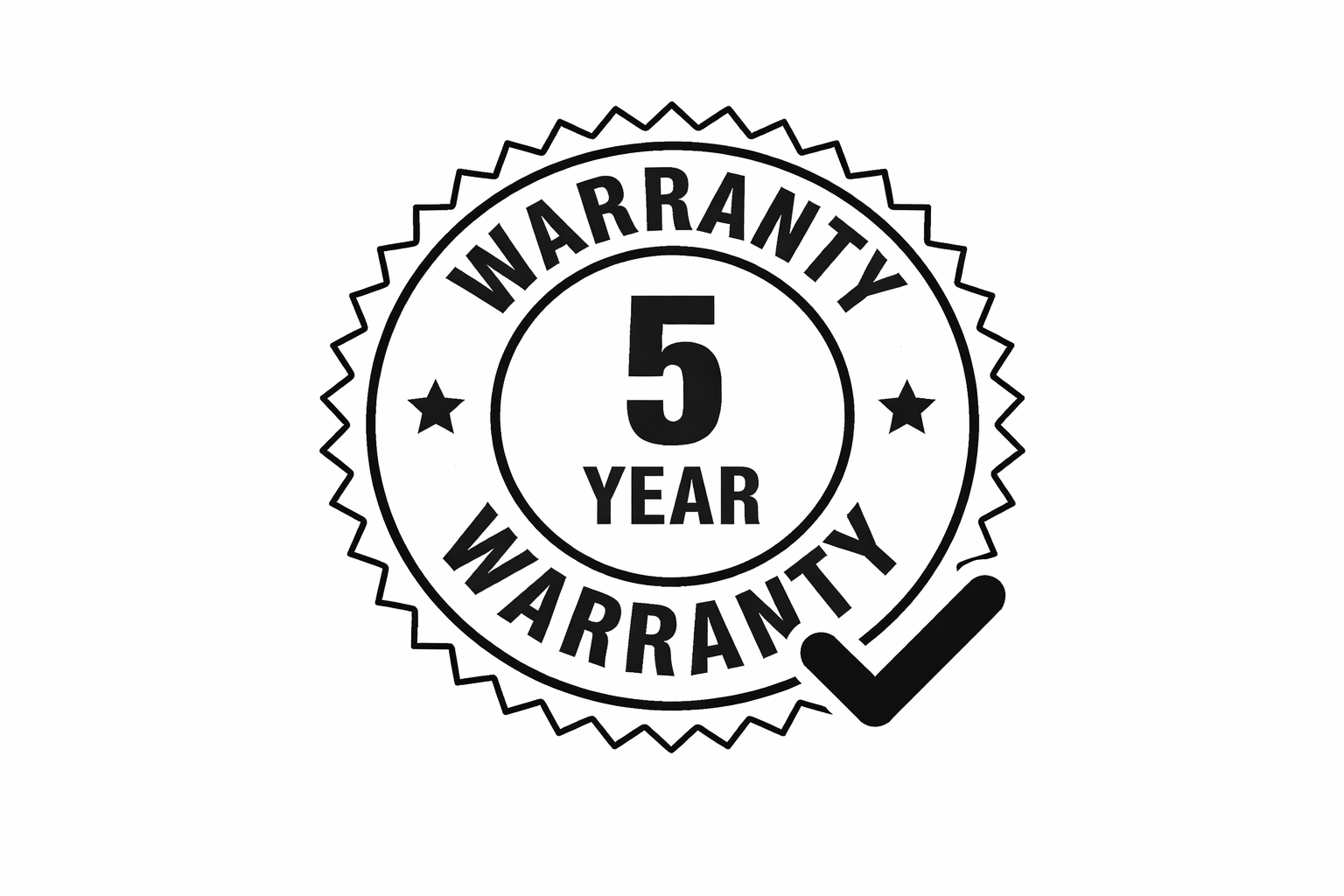 Warranty badge indicating a 5-year warranty with a checkmark