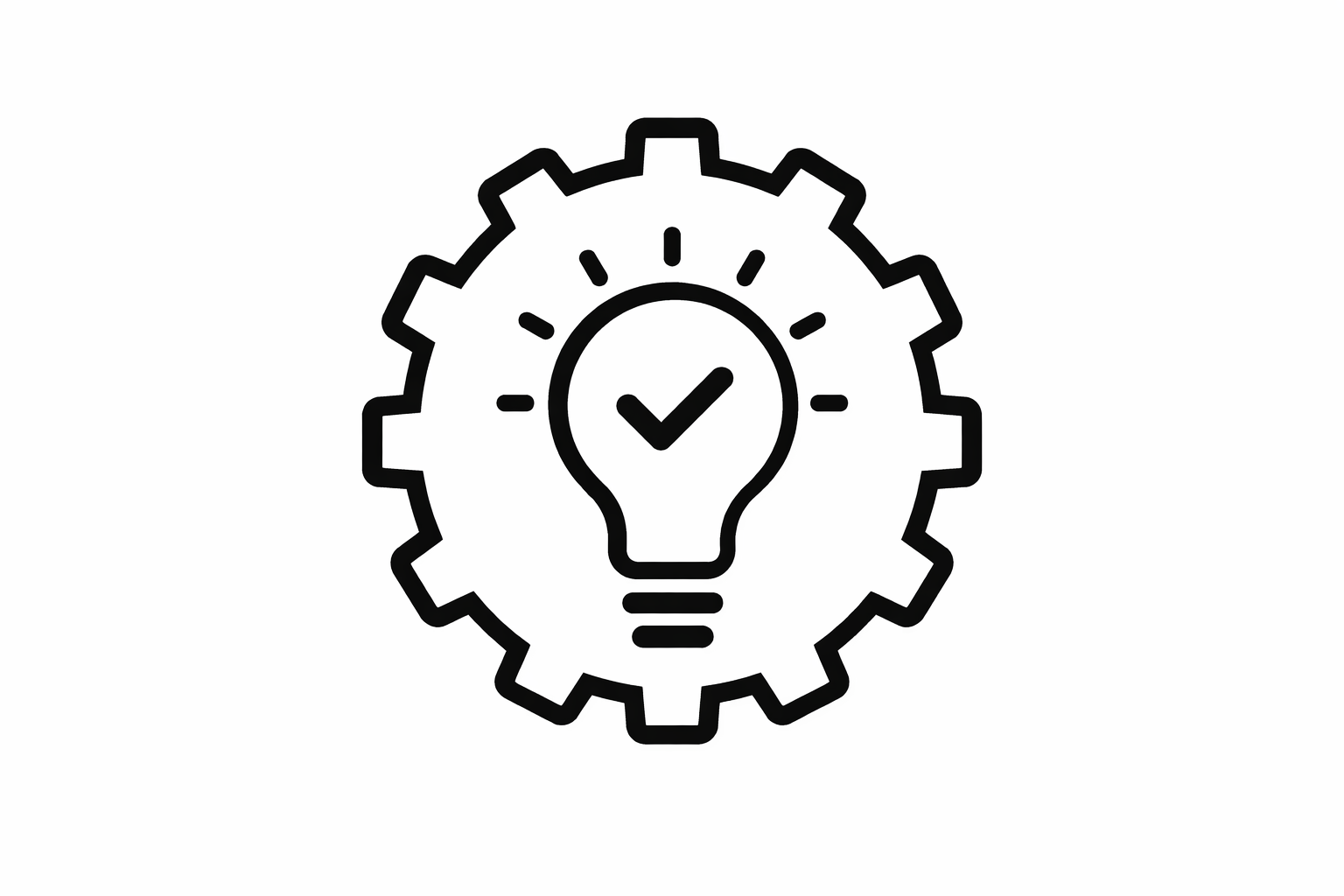 Line drawing of a gear with a lightbulb and check mark inside, symbolizing innovation or ideas.