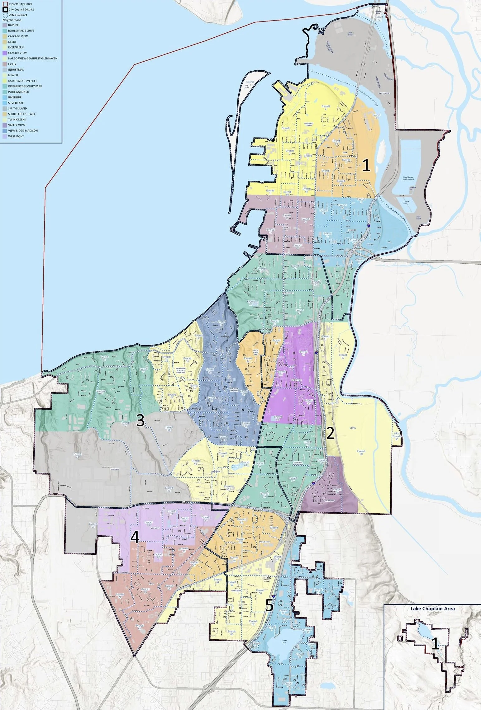 Color-coded map of Everett city limits and neighborhoods, with a legend indicating different districts and neighborhoods, including Lake Chaplain Area. The map shows streets, water bodies, and district boundaries.