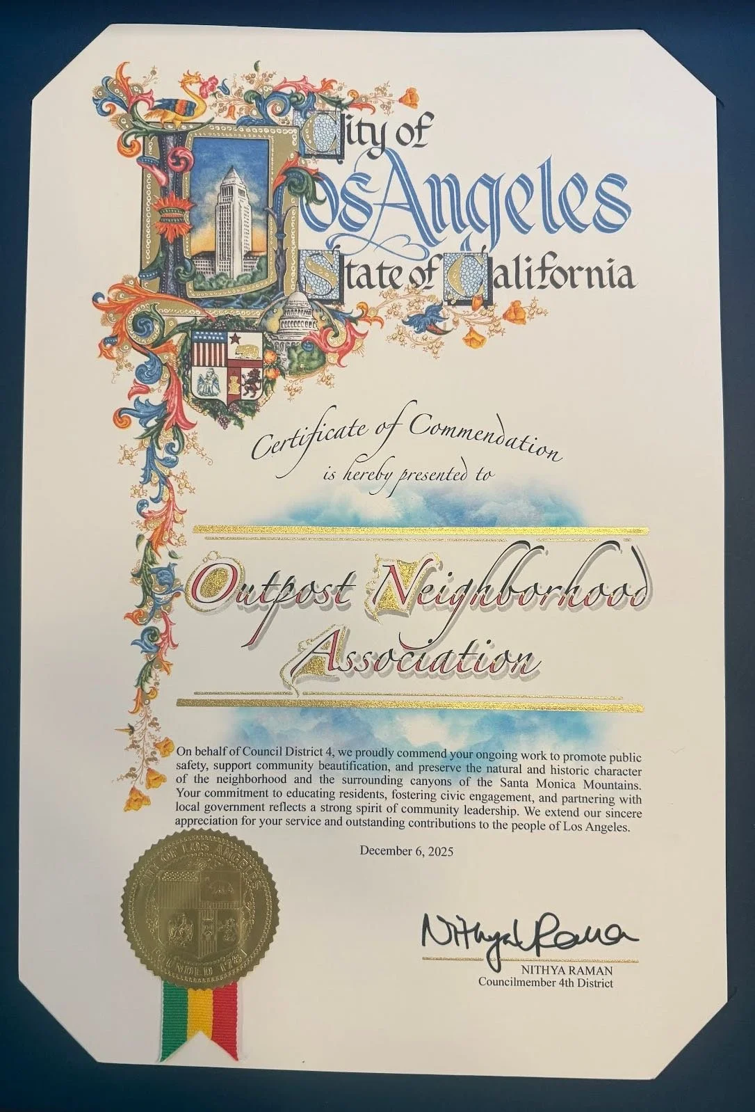 Outpost Neighborhood Association Receives Congressional and City Recognitions