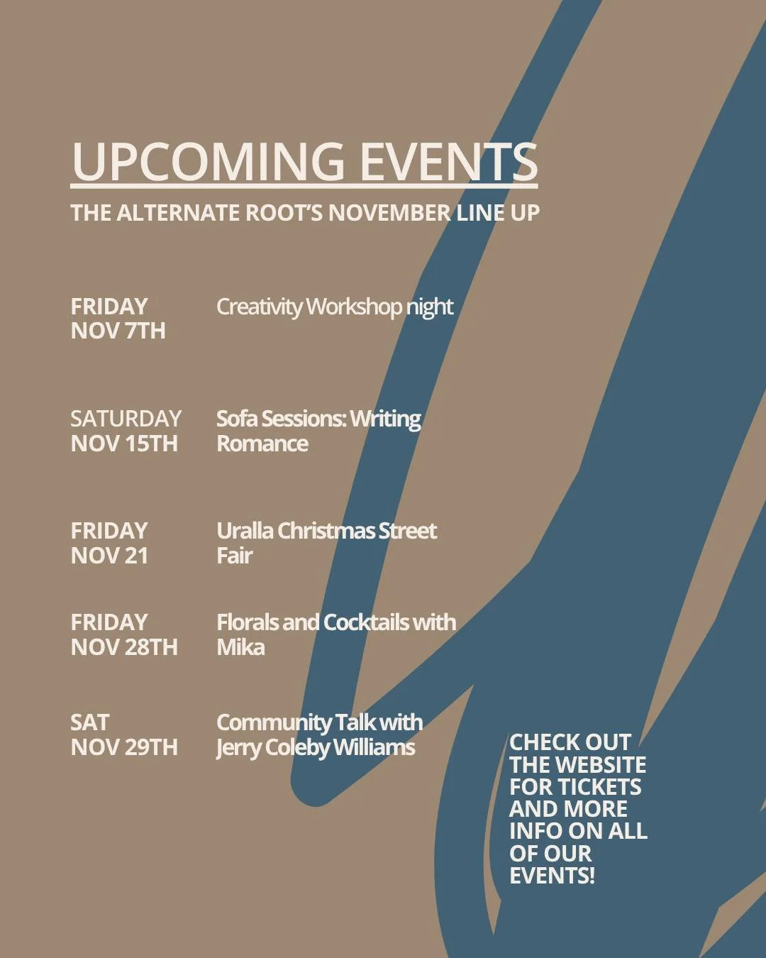 ✨ November&rsquo;s shaping up to be a good one.

Lots of learning, Christmas celebrations, and heaps of creativity &mdash; from romance writing to sustainability education, there&rsquo;s something for every one.

🎟️ Check the website for details and