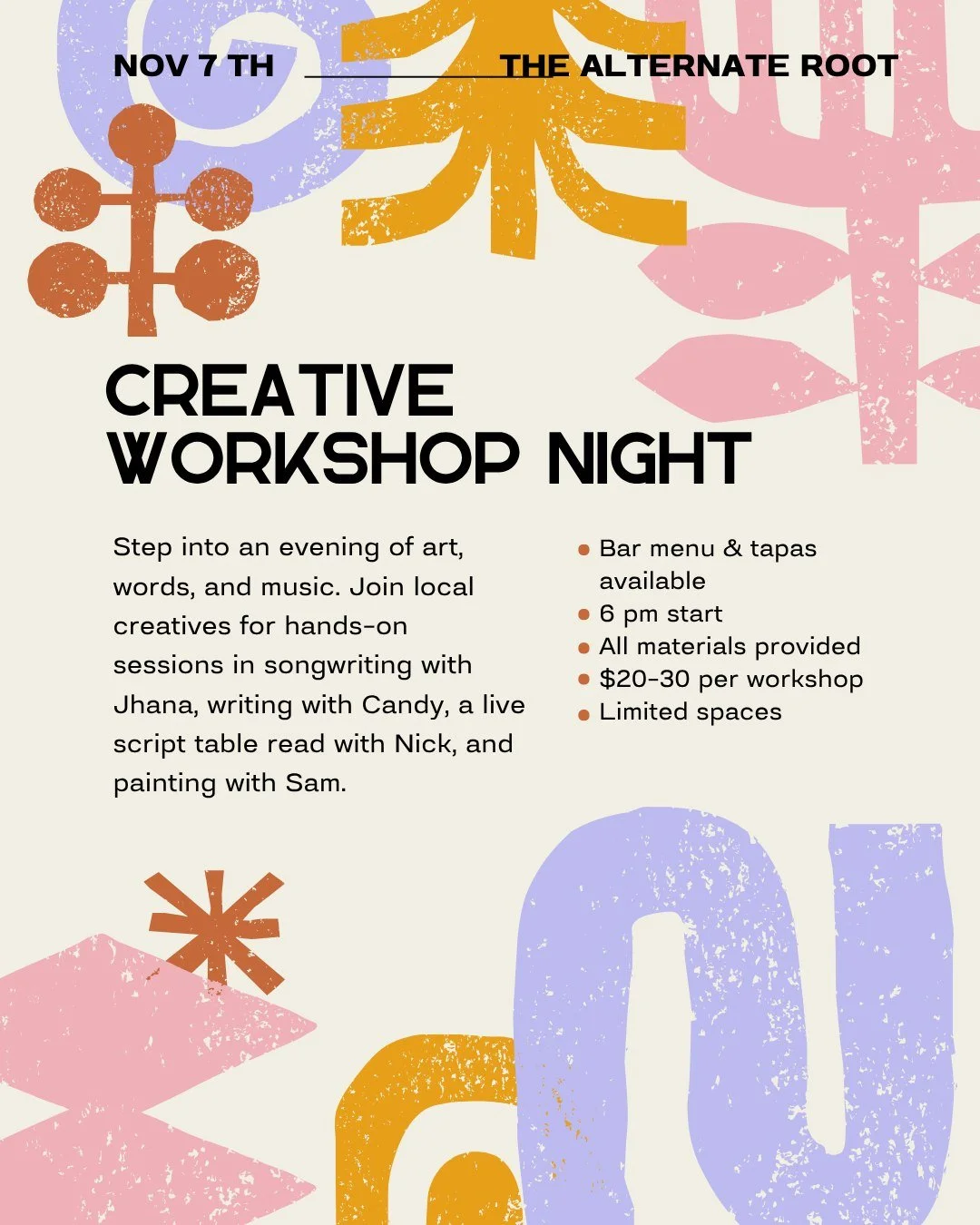 A night for the makers, the dreamers, and the creatively curious 🎶🎨✍️

Join us for Creativity Workshop Night &mdash; songwriting with Jhana, Writing with Candy, a live script table read with Nick, and art with Sam.

Tapas, drinks, and plenty of ins