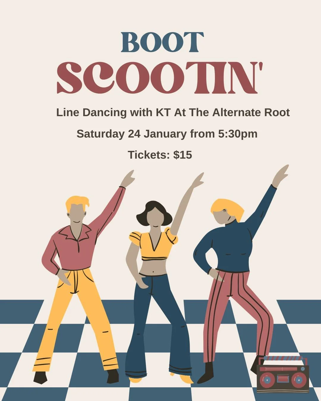 Boot Scootin&rsquo; 

Dust off the boots and get ready for a fun night of dancing and good vibes.

Saturday 24 January
5:30pm &ndash; doors open
6pm &ndash; dancing starts
$15

Grab your mates and buy a ticket - see you on the dance floor.

Head to o
