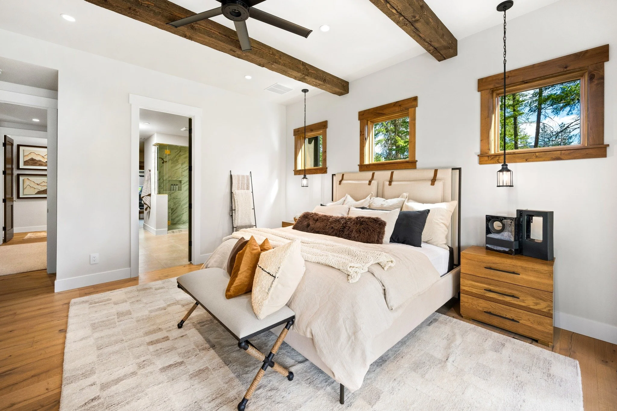 A bedroom like this changes the whole meaning of winding down.😍

From the exposed timber beams and warm wood finishes to the soft layered textures, statement lighting, and peaceful natural views, every detail in this space was designed to feel eleva