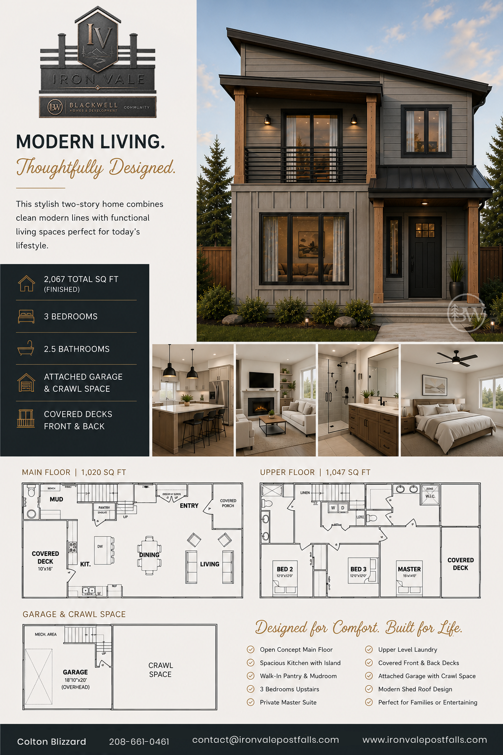 Flyer showcasing modern two-story home by Iron Vale with exterior image, interior shots of kitchen, living room, bathroom, and bedroom, floor plans for main and upper floors, and garage with crawl space, highlighting features like open-concept design, spacious kitchen, walk-in pantry, three bedrooms, private master suite, and covered decks.