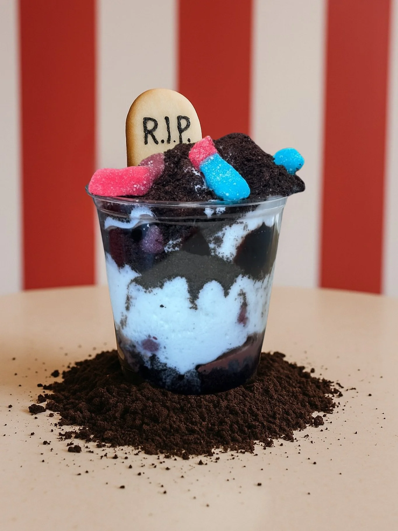 The Graveyard Dirt Cup Sundae ๐ชฆ๐ชฑ๐จ
Scoops of decadent Chocolate Chunk ice cream, whipped cream, Oreo “soil,” sour gummy worms, and a cookie tombstone that’s just dying to be devoured ๐
It’s giving spooky, it’s givin