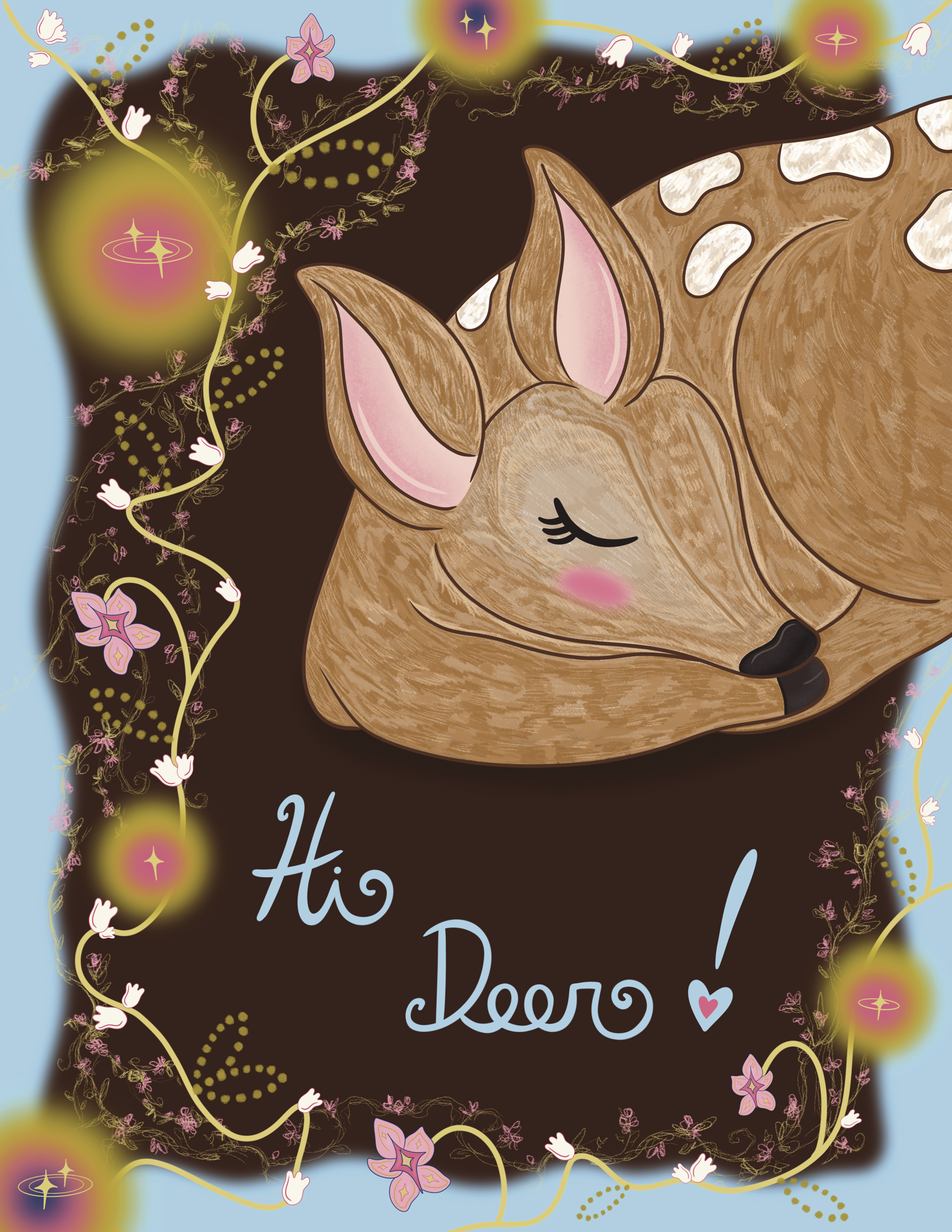 Deer illustration super cute sleeping framed by a frame of beautiful pink flowers and glowing orbs.