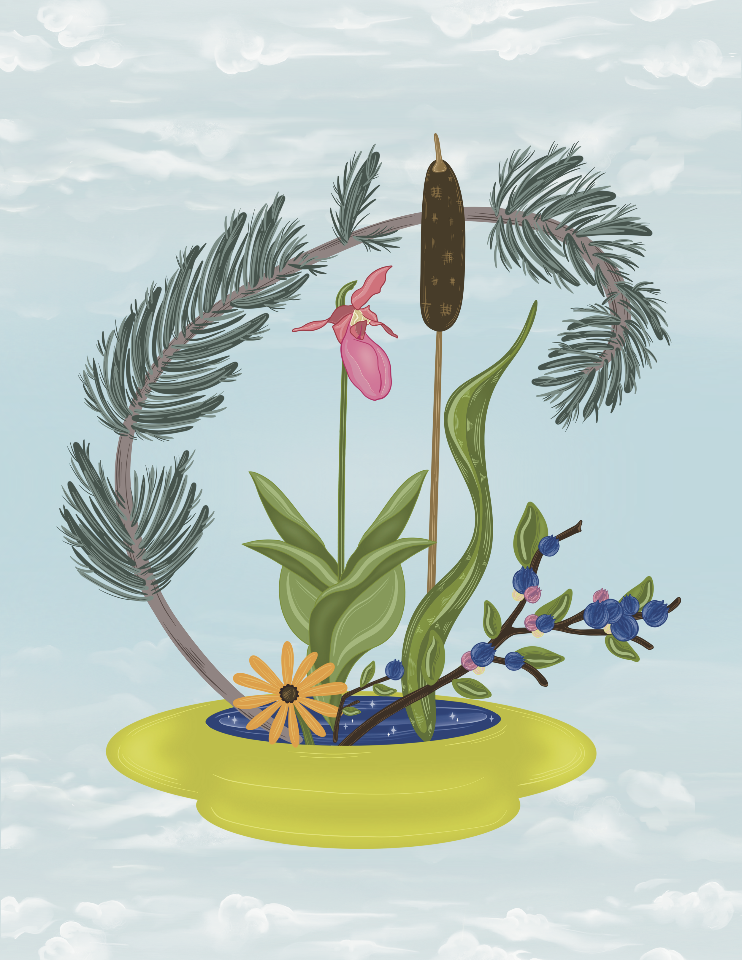 Ikebana drawing featuring a lady slipper and native Minnesota plants.