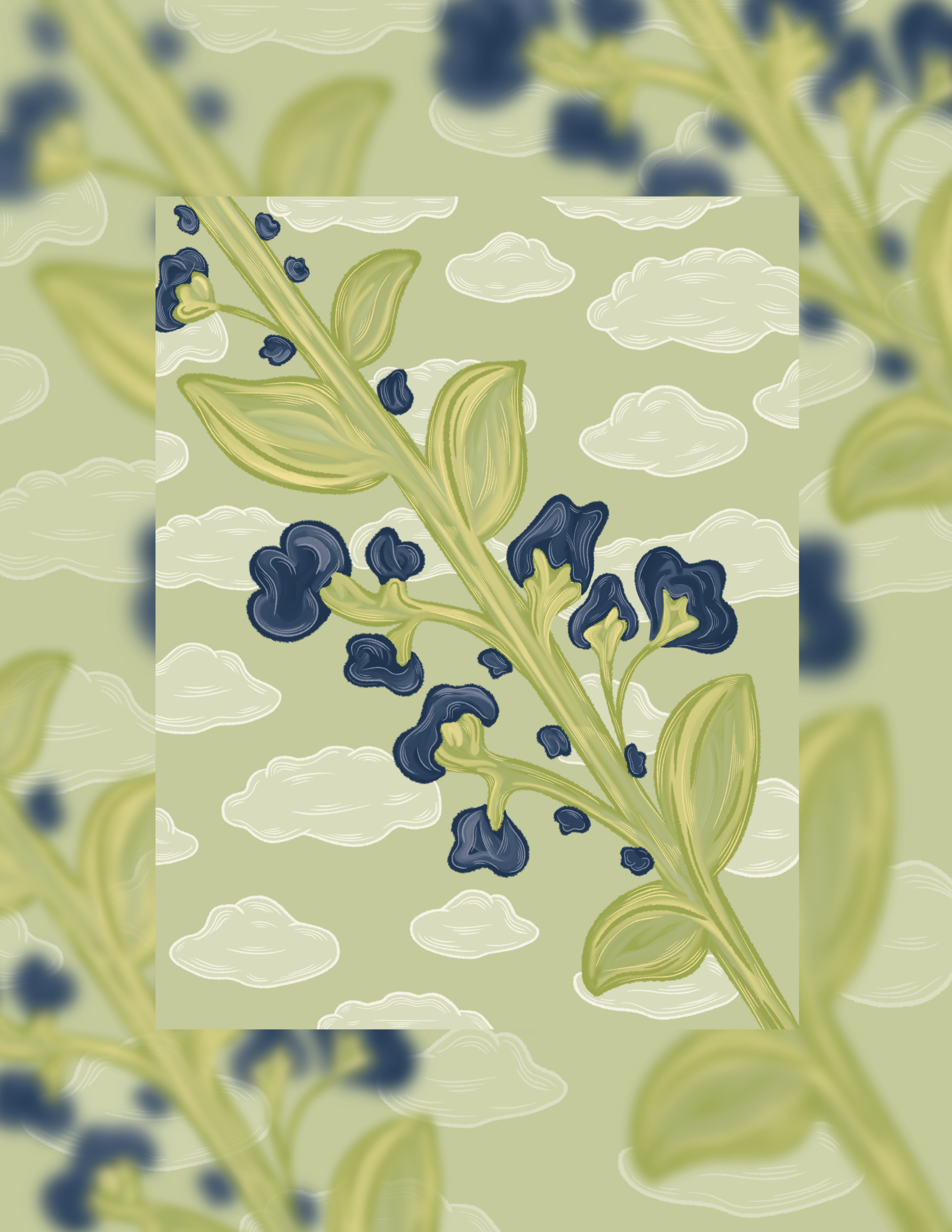 Blue flower drawing with green background and fluffy white clouds.