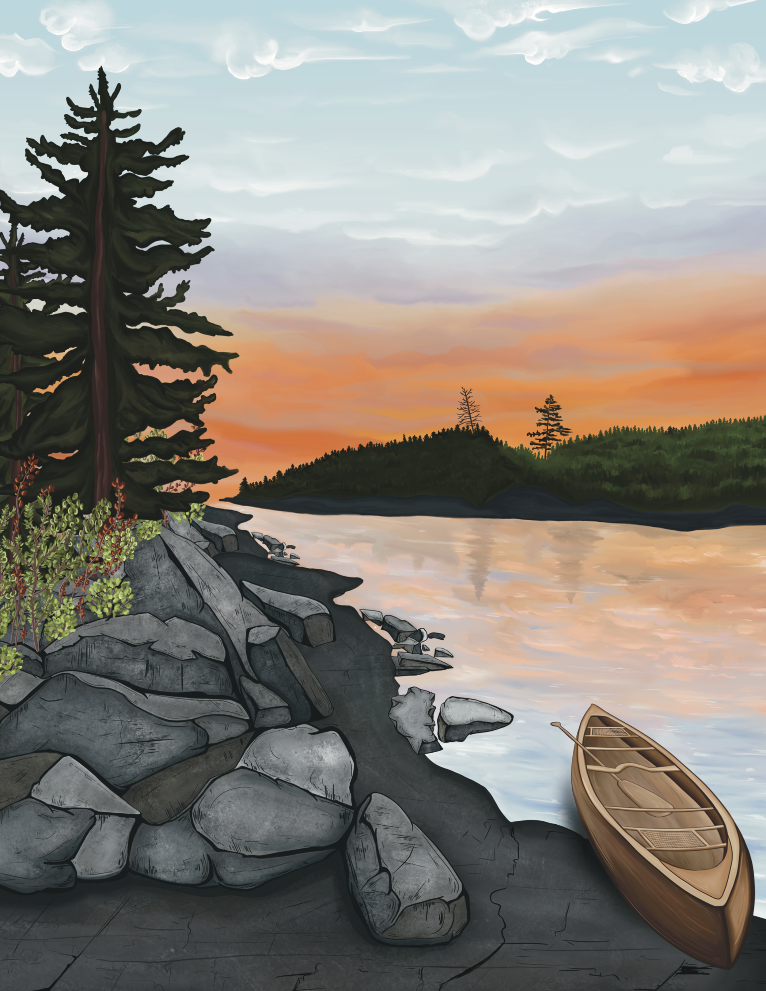 Boundary Waters Canoe Area Wilderness drawing with canoe and sunrise.