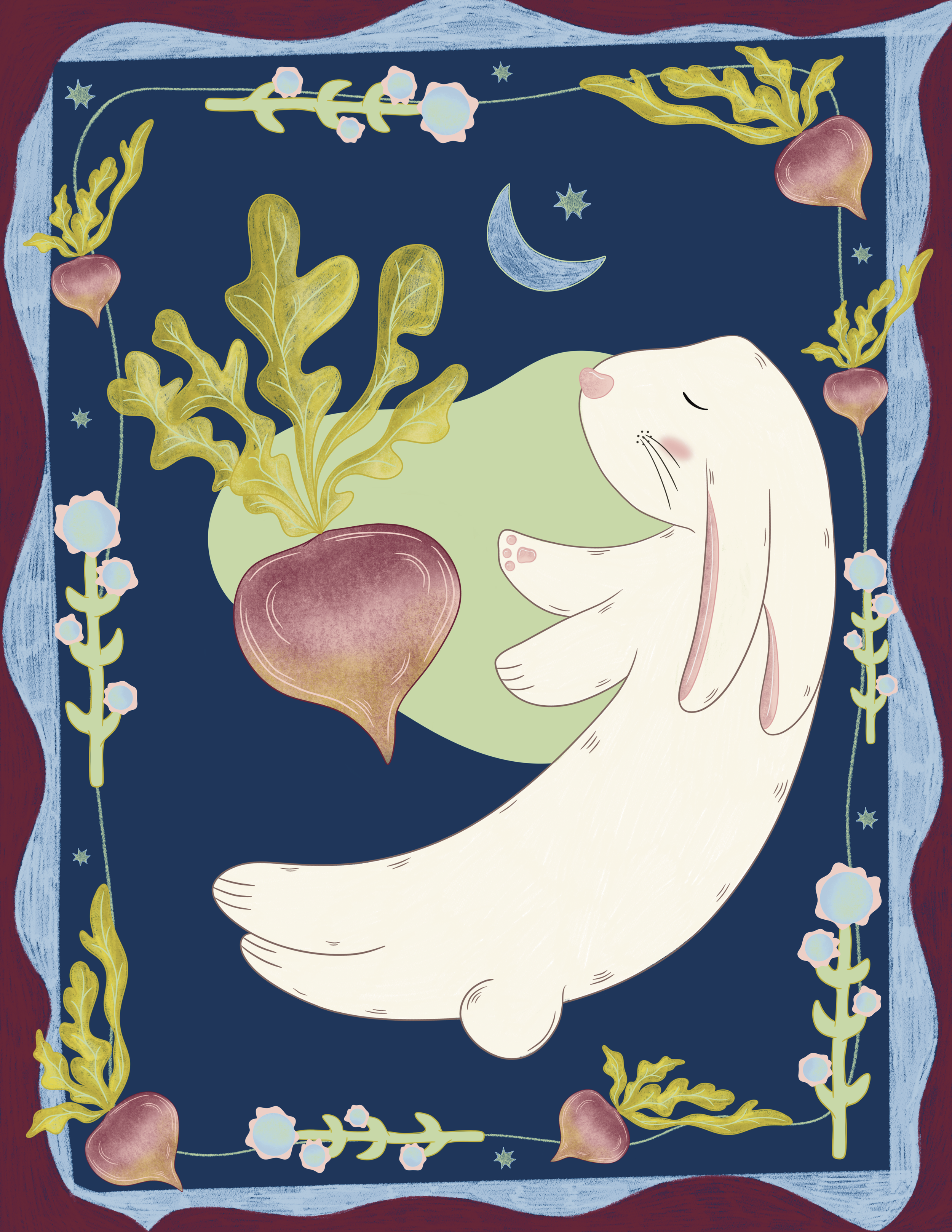 White bunny drawing with cute pink cheeks sleeping and dreaming about radishes under a blue moon with magical stars.
