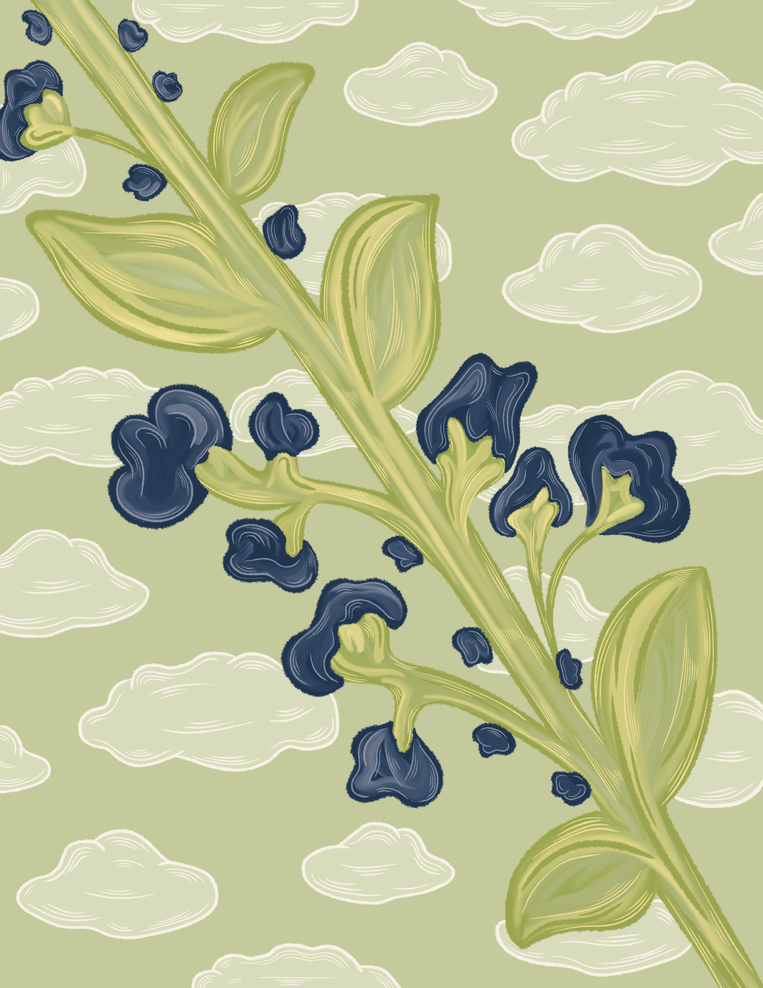 Blue flower drawing with green background and fluffy white clouds.