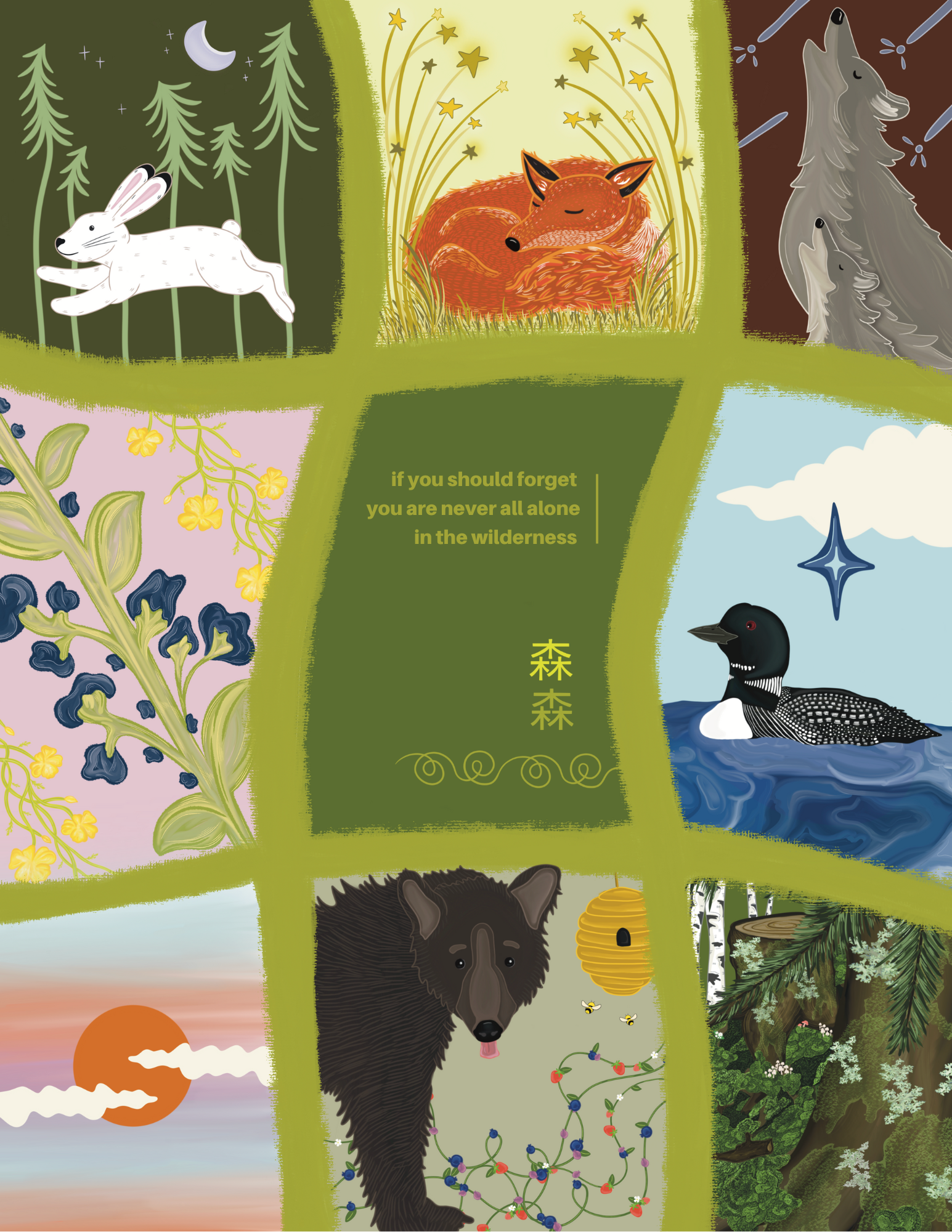 Forest animal drawing with cute bunny, fox, bear and Minnesota local native wild plants.