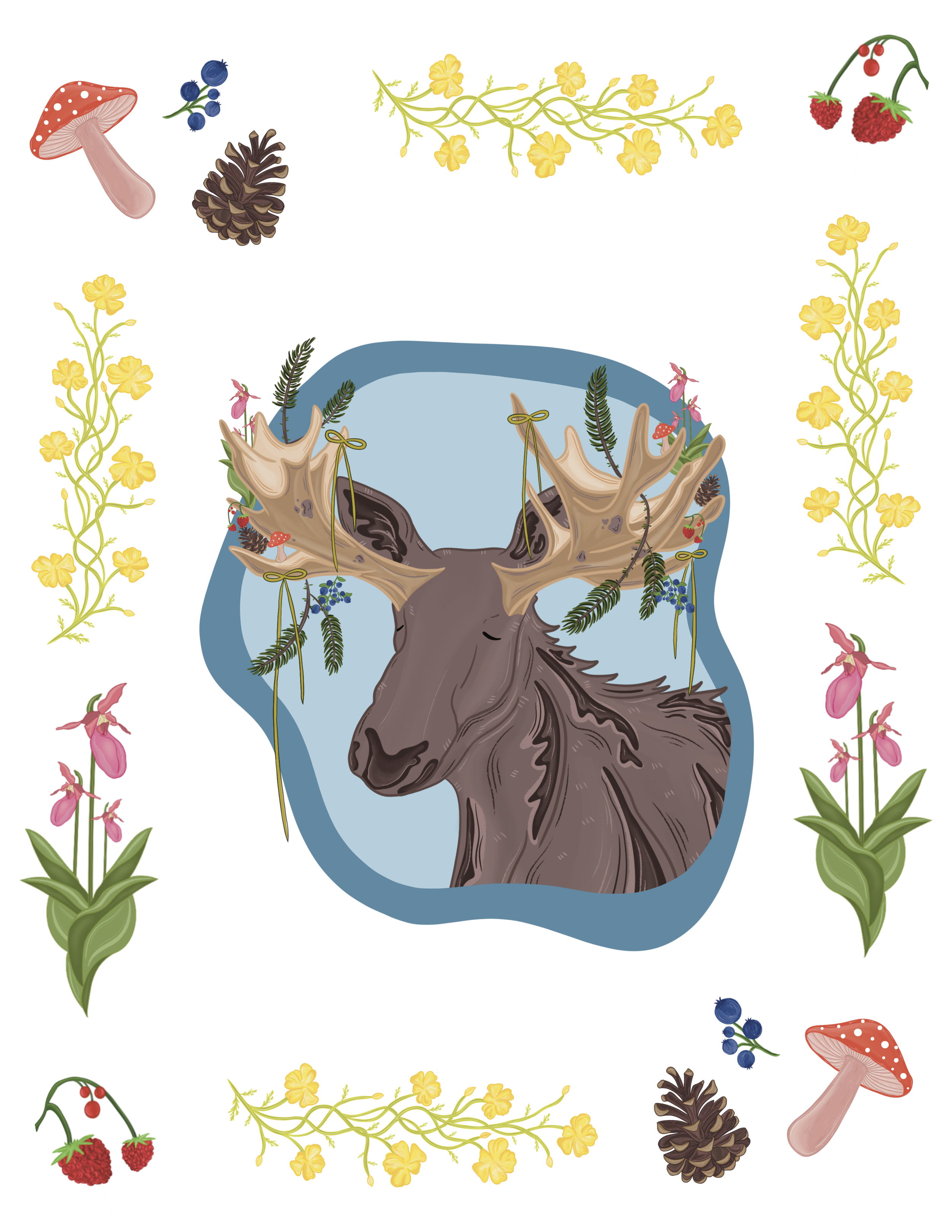 Minnesota moose drawing in blue fresh water surrounded by forest items such as mushrooms, blueberries, flowers, pinecones, raspberries, and lady slippers.