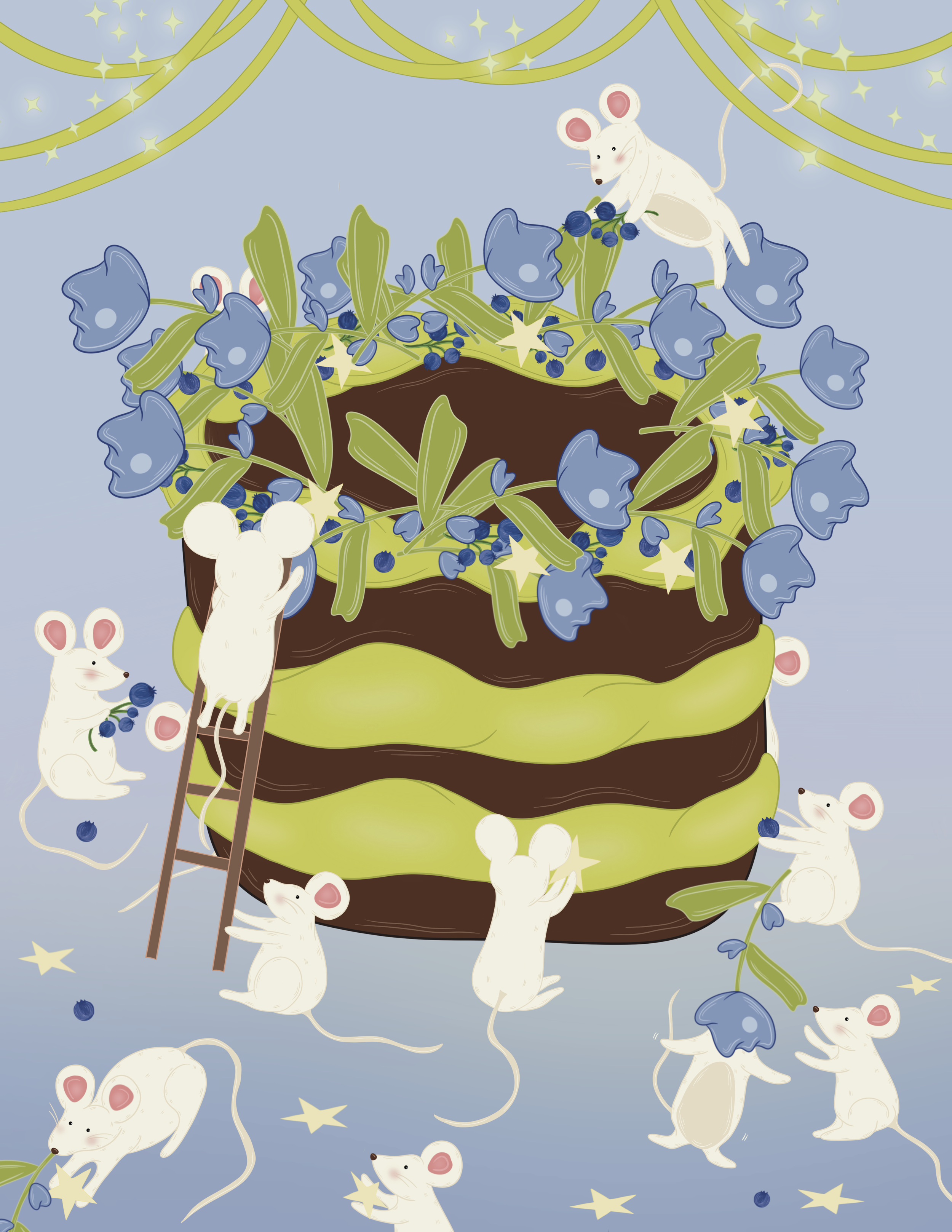 Cute white illustrated mice baking a cake together in a blue magical setting with a decadent chocolate cake with green frosting, blueberries, and sparkle stars.