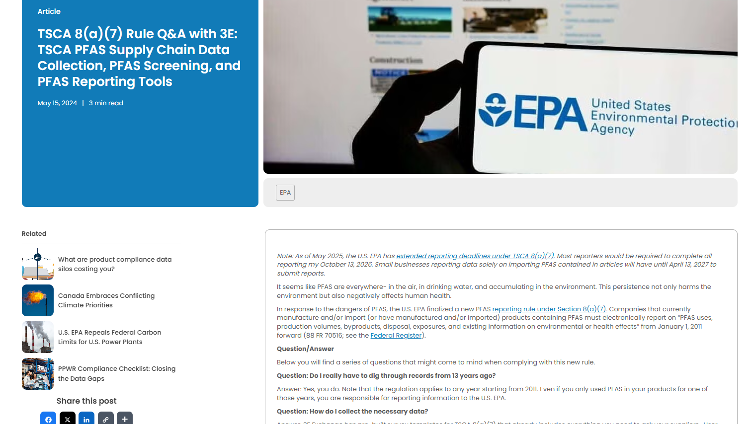 Article on "TSCA PFAS Supply Chain Data Collection"
