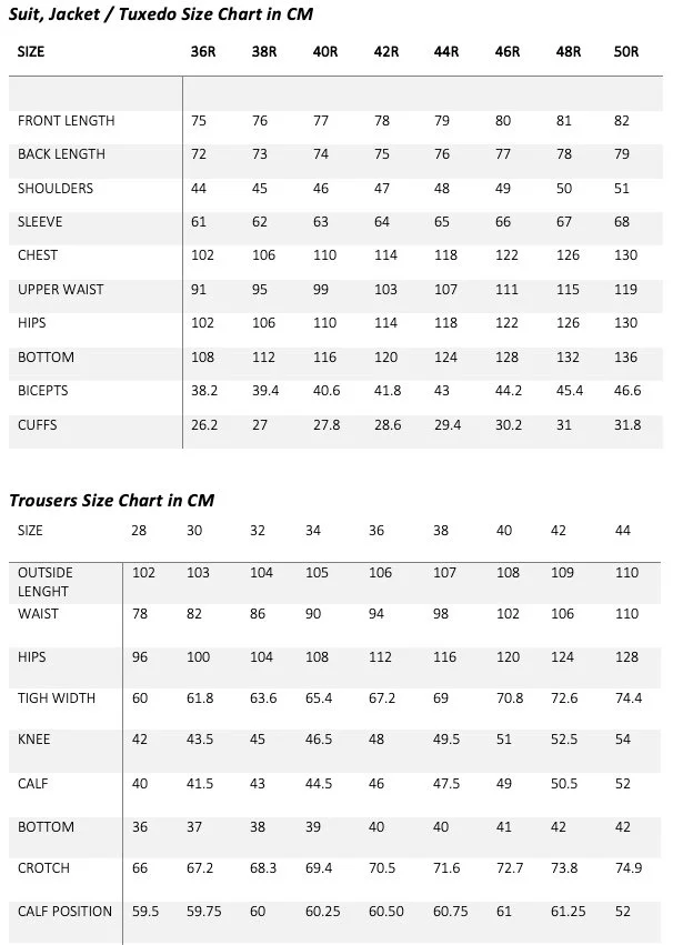 Size charts for suits, jackets, and trousers in centimeters, including measurements for front and back length, shoulders, sleeve, chest, waist, hips, bottom, biceps, and cuffs for suit sizes 36R to 50R, and outside length, waist, hips, thigh width, knee, calf, bottom, crotch, and calf position for trouser sizes 28 to 44.