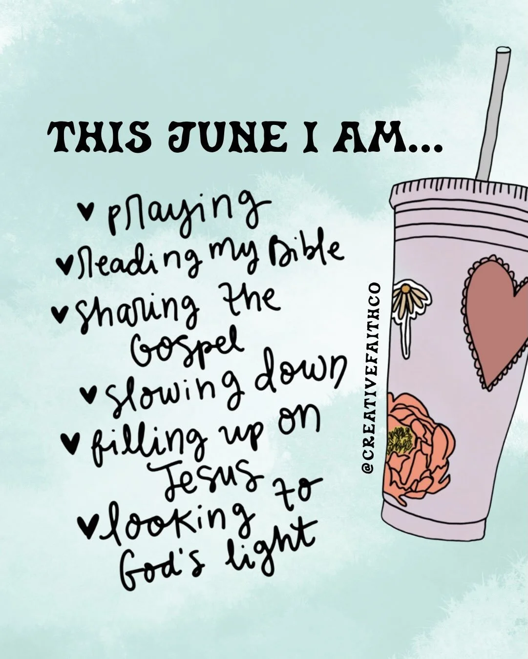 This June I am&hellip;
☀️Praying
☀️Reading the Bible
☀️Sharing the Gospel
☀️Slowing down
☀️Filling up on Jesus
☀️Looking to God&rsquo;s light

If you liked this post, be sure to SHARE it to your Instagram stories and tag me.☺️💛