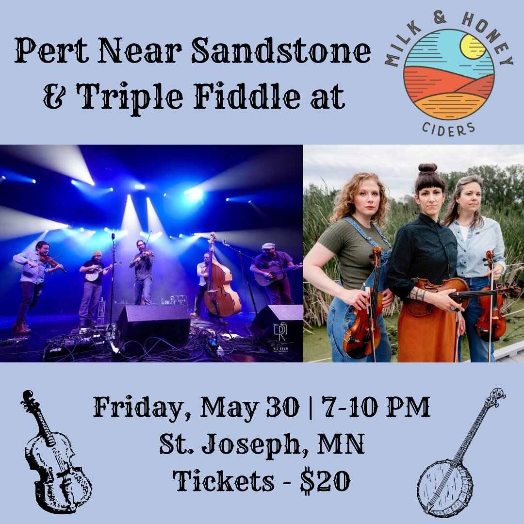 Joining our big brothers, @pertnearsandstone at @milkandhoneyciders this Friday, May 30 in St. Joseph, MN. Can&rsquo;t wait for some string band goodness to kick off the weekend! 🎻🪕

Check our website for tickets and info about all our upcoming sho